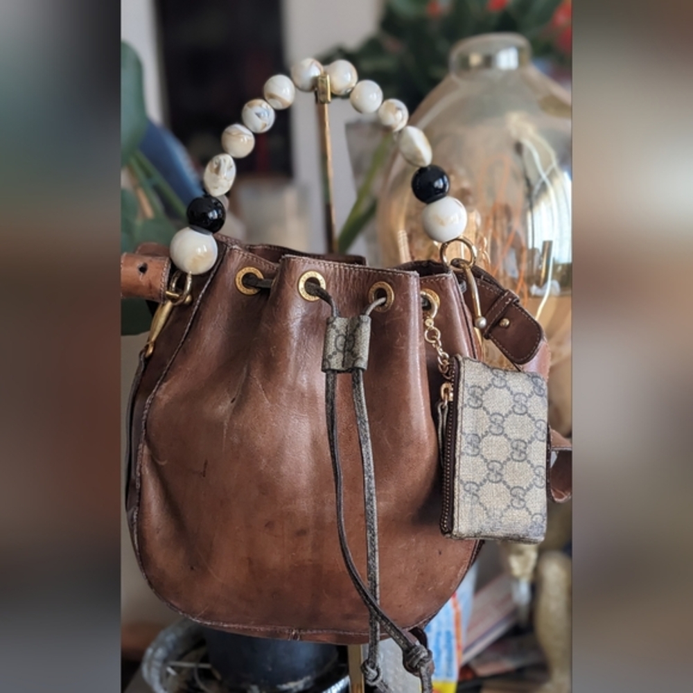 gucci Distressed rown Leather Bucket Bag with Coin Pouch